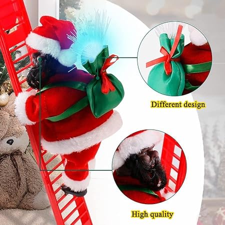 Black Santa Claus Climbing Ladder to Christmas Tree, African American Santa Christmas Decoration with Music Lights, Include Instructions for Tree Hanging Ornament, Xmas Gift