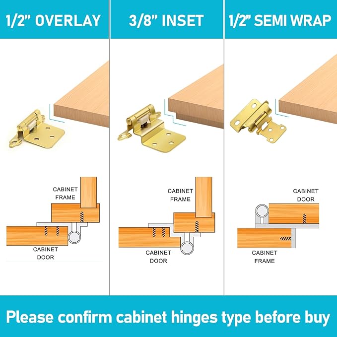 12" Overlay Kitchen Cabinet Door Hinges, 6 Pack (3 Pairs) Brass Gold Self Closing Cabinet Hinge Hardware for Kitchen Cabinet Doors