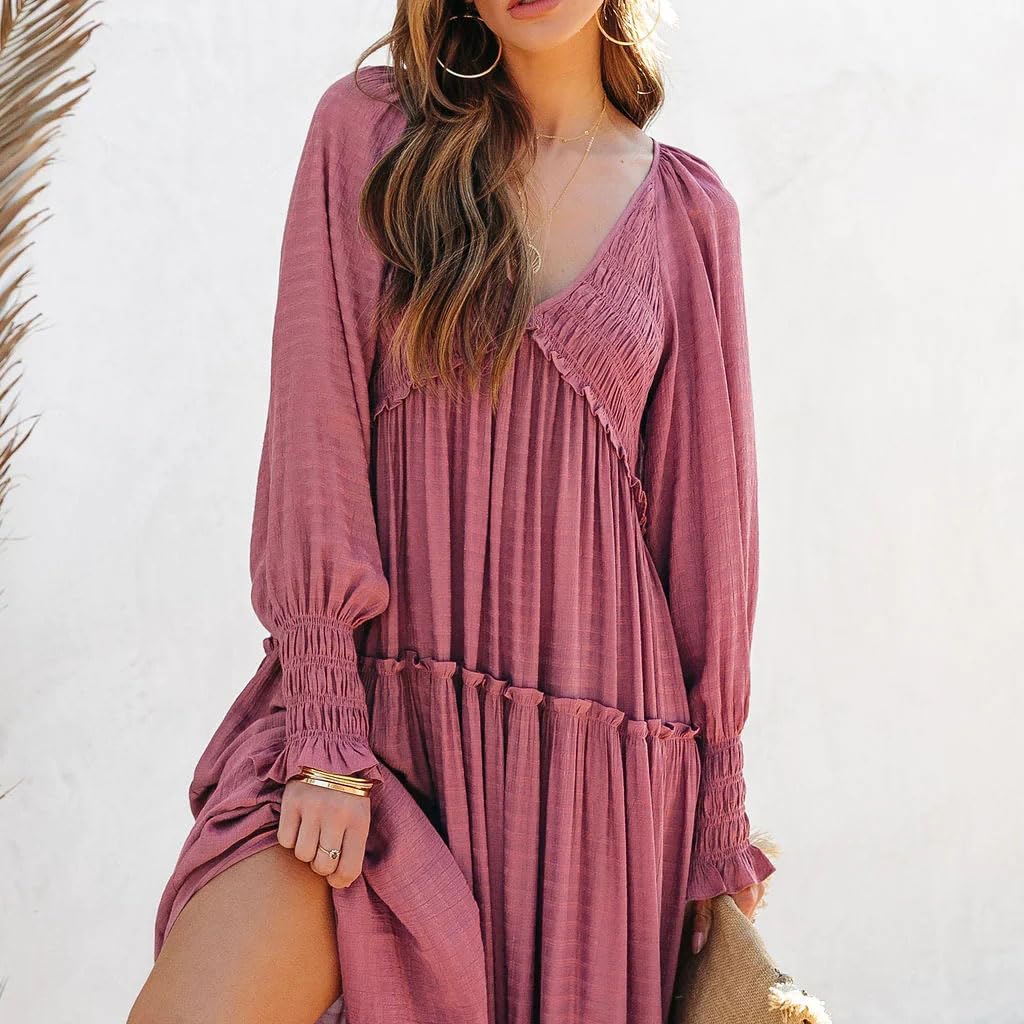 R.Vivimos Long Sleeve V Neck Flowy Maxi Dresses for Women | Lightweight Fabric, Empire Waist, Layered Ruffle Hem, Boho Casual Long Dress, Daily Wear, Beach Vacation Clothes