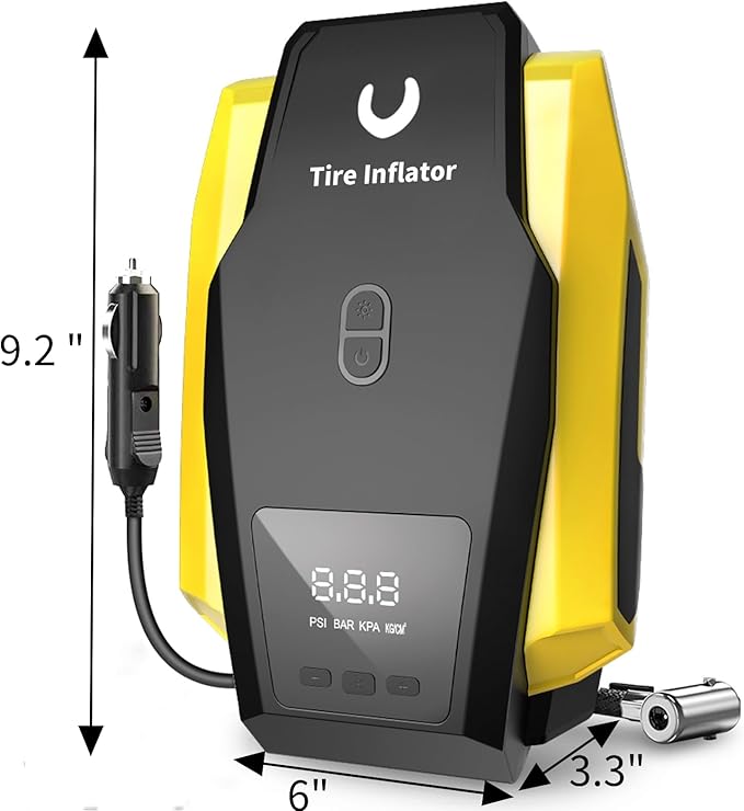 Tire Inflator Portable Air Compressor - Air Pump for Car Tires - 12V DC Tire Pump with Auto Shutoff Function LED Light for Cars, Bicycles, Motorcycles, Yellow, Large