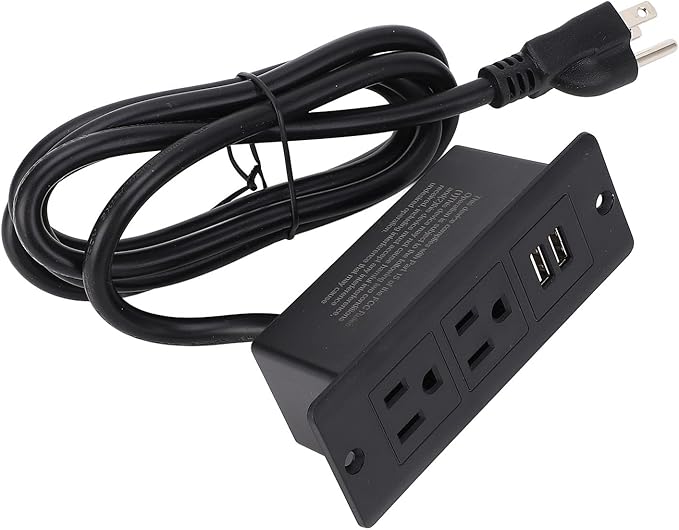 Recessed Power Strip Desktop 2 AC Outlets 2 USB Ports Embedded Design for Furniture Space Saving 1.5m Cord US Plug 125V for Furniture Installation (Black)