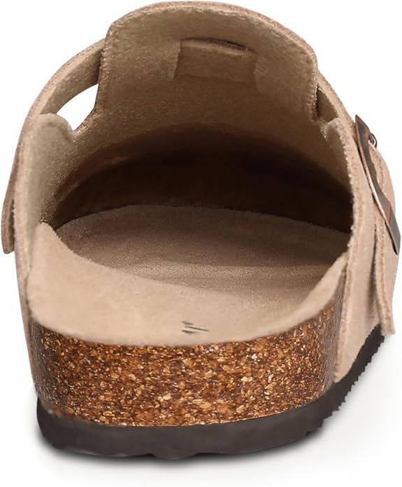 KIDMI suede clogs with cork footbed, arch support, adjustable straps, and non-slip sole for comfortable all-day wear.