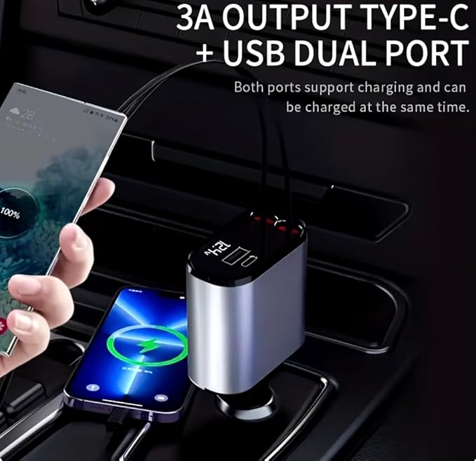 4-in-1 Retractable Car Charger USB Type C Cable - 120W Fast Charging Adapter with Dual USB Ports Retractable Cable, Compatible with iPhone, Samsung Galaxy and Pixel Phones.