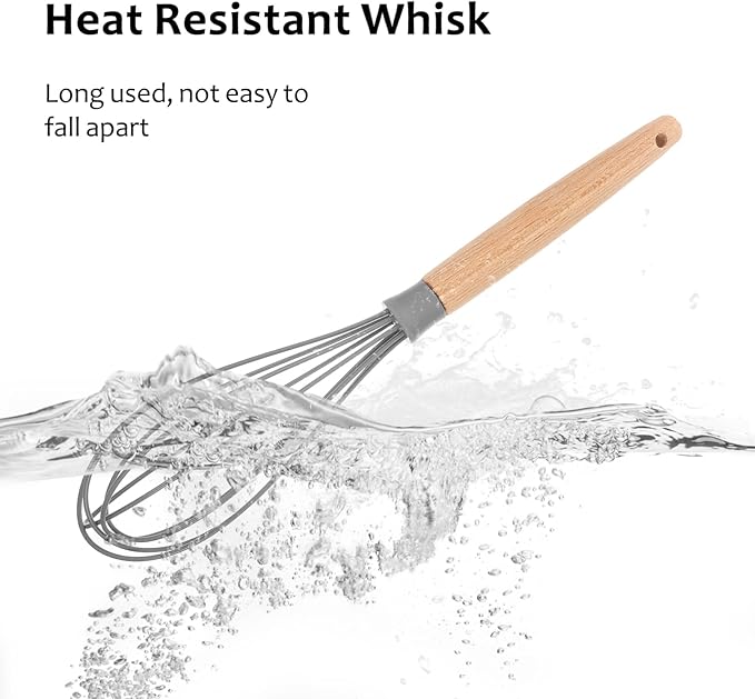 Premium Whisk Silicone Whisk Baking Tools with Beechwood Handle Non-stick Whisk Heat Resistant Whisk