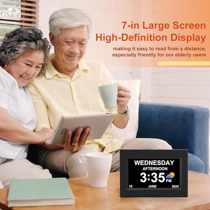AINFTIME Digital clock with date and day of the week for the elderly-12 alarms, medication reminder, dementia, Alzheimer's, calendar with extra large screen (7 inches, black)
