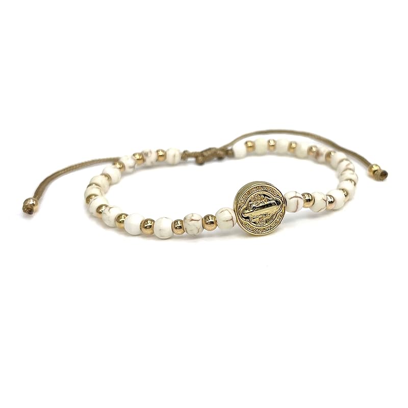 St Benedict Coin and Natural Round White Turquoise Beads Adjustable Bracelet for Women (Beige)