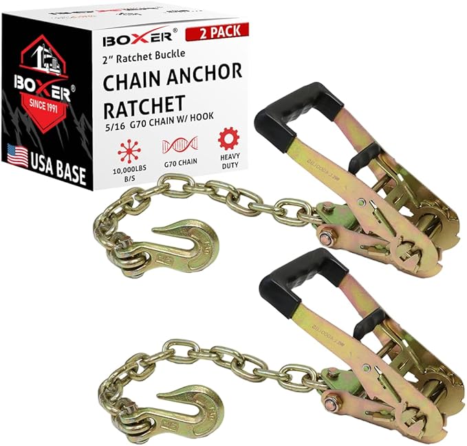 2" Ratchet Buckle with 516 G70 Forged Hook Chain Extension 1.5 feet 2Pack - Double Locking Ratchet, Breaking Strength 10,000lbs Towing Tie Down