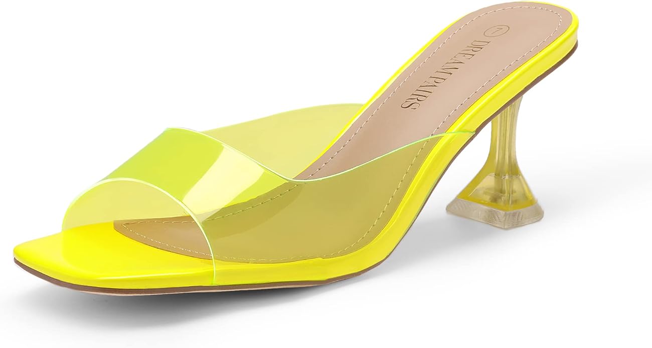DREAM PAIRS Womens Clear Heels Square Toe High Stiletto Mules Slip on Wedding Dress Heel Sandals