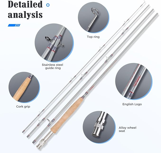 Fly Fishing Rod 4-Piece 8 Feet with IM6 Carbon Blank, Hard Chromed Guides, A Cork Grip