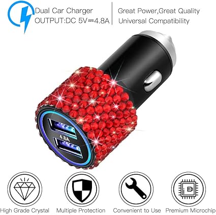 OTOSTAR Dual USB Car Charger, 4.8A Output, Bling Crystal Diamond Car Decorations Accessories Fast Charging Adapter for iPhones Android iOS, Samsung Galaxy, LG, Nexus, HTC (Red)