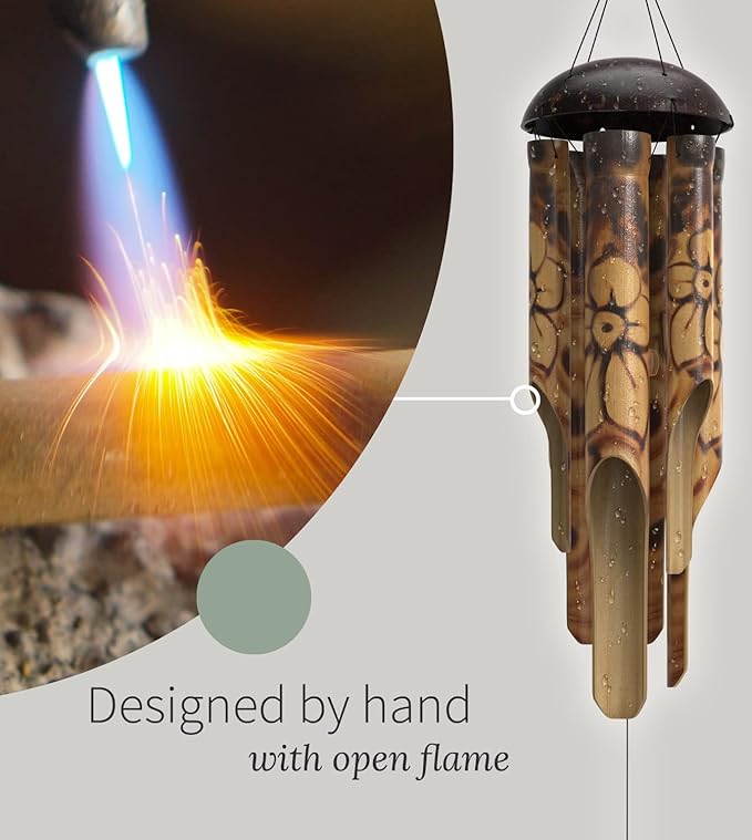 Rustic Bamboo Wind Chimes - Outside Outdoor Wooden Windchimes, Medium, Floral Burned Design with Coconut Crown, Handcrafted with Calming Deep Tones, Home Decor Ideal Gift for Him Her