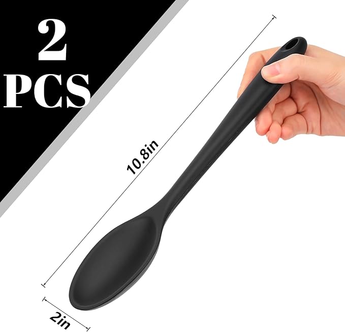 HAKSEN 2PCS Black Silicone Spoons, Heat Resistant Spoons Silicone Cooking Spoon for Kitchen Cooking Serving Baking Stirring