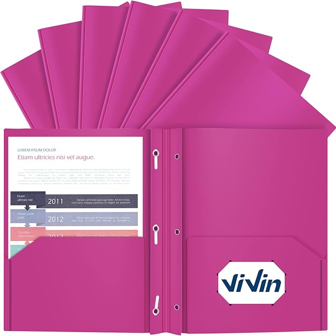 ViVin Sturdy Plastic Folders with Pockets and Prongs,12-Pack, 3-Prong Fasteners Folders with 2 Pockets, Holds US Letter Size Paper, for SchoolOfficeHome (Purple)