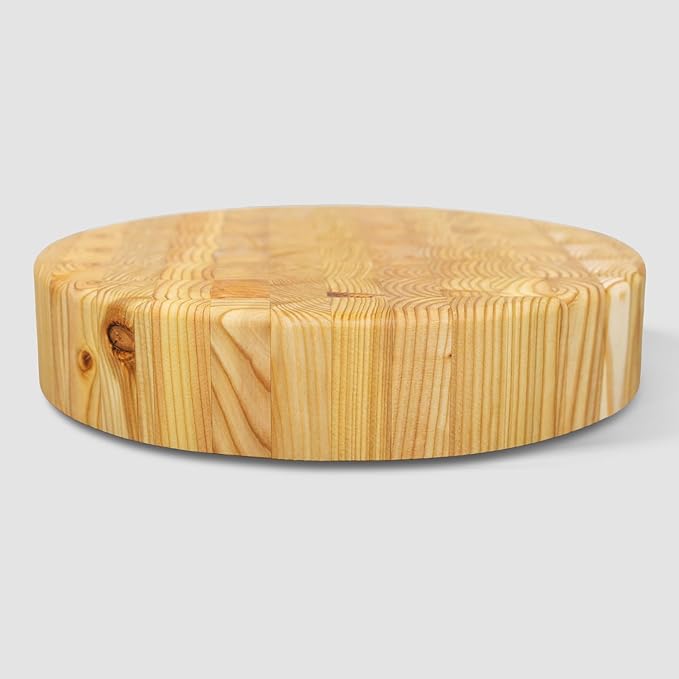 Larch Wood Canada End Grain Round Cheese Cutting Board, Standard Line, Handcrafted for Professional Chefs Home Cooking, 10" Diameter and 2" Thick