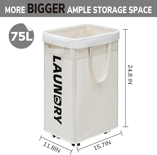 Goodpick Laundry Hamper with Wheels, 75L Collapsible Laundry Basket, Clothes Laundry Basket with Removable Wash Bag for Bedroom, Large Laundry Basket with Handle, White