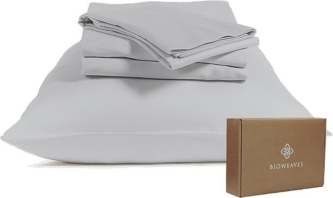 BIOWEAVES 100 Organic Cotton Sheets, 300 Thread Count 4-Piece GOTS Certified Bed Sheet Set Fits Mattress Upto 17" Deep Pocket, Soft Silky Sateen Weave (Queen, Glacier Gray)
