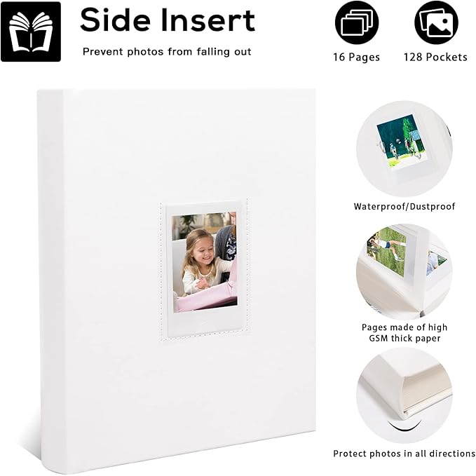 128 Pocket Photo Album with Writing Space and Front Window, 3 Inch Picture Book for Polaroid Compatible with Fujifilm Instax Mini 12 11 9 8 7 99 40 Instant Camera,K-pop Photocards (White)