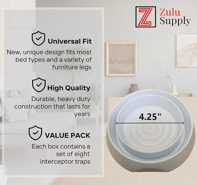 Zulu Supply Bed Bug Interceptors, Traps, 8 Pack, White, Bedbug Monitor, Insect Detector for Bed Legs or Furniture (White 8-Pack)