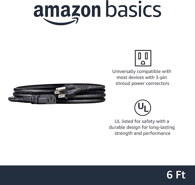 Basics 6 Feet Computer Monitor TV Replacement 3 Prong AC Power Cord, 18 AWG, 125 Volts, Black