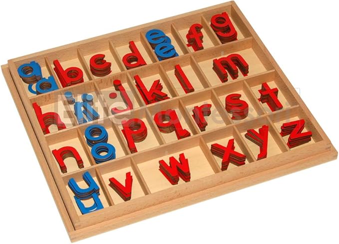 Elite Montessori Wooden Movable Alphabet with Box Preschool Spelling Learning Materials (Red Blue, 5mm Thick)