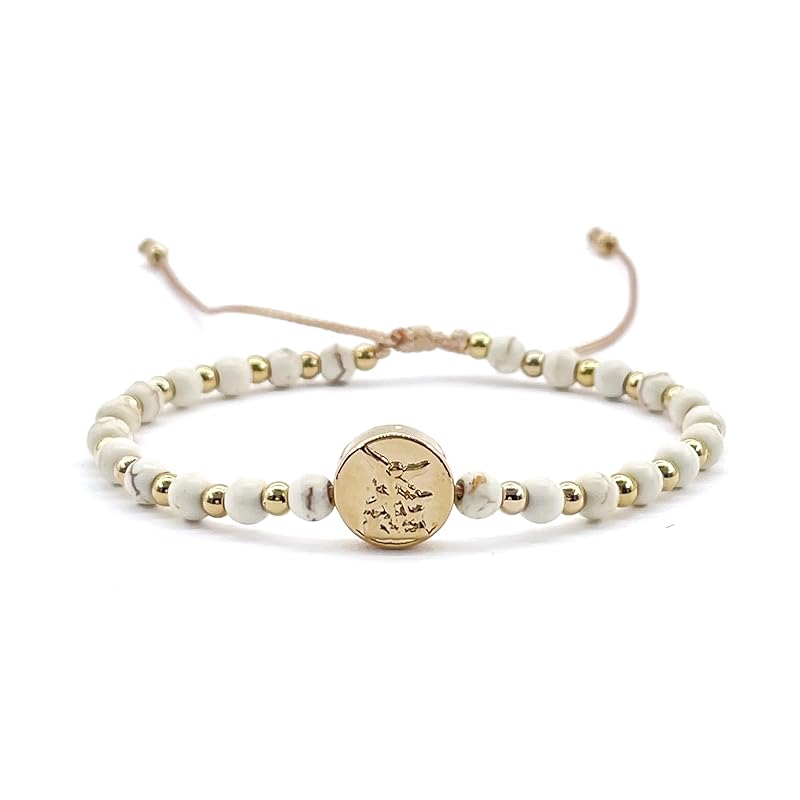 St Michael Archanel Coin and Natural Round White Turquoise Beads Adjustable Bracelet for Women (White Turquoise)