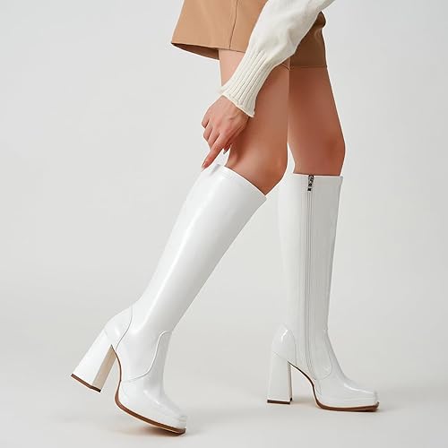 ZXHYZLZ Knee High Gogo Boots 70S For Women Wide Calf Long Tall Square Toe Chunky Boot Women
