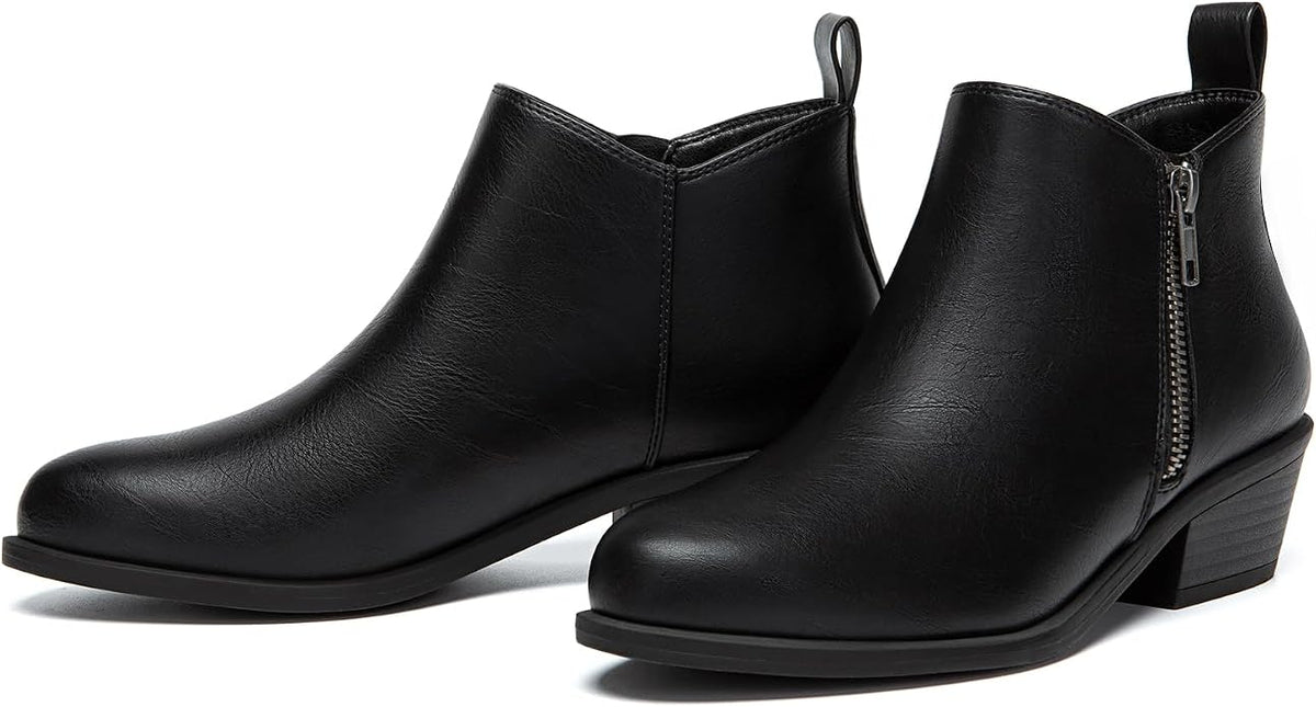 Athlefit Women's Chunky Low Heel Short Ankle Boots with Side Zipper | Comfortable Almond Toe Fall Booties, Suitable for Daily Wear, Casual Outing, Walking, Office Work