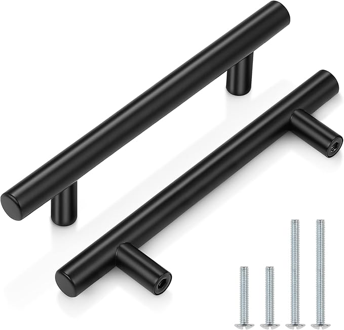 Probrico 5 Pack4 Inch Flat Black Dresser Pulls Cabinet Handles,Stainless Steel Euro Bar Cabinet Handles Dresser Pulls for Kitchen Closet Cupboard Wardrobe,Total Lenght:162mm(6-45 Inch)