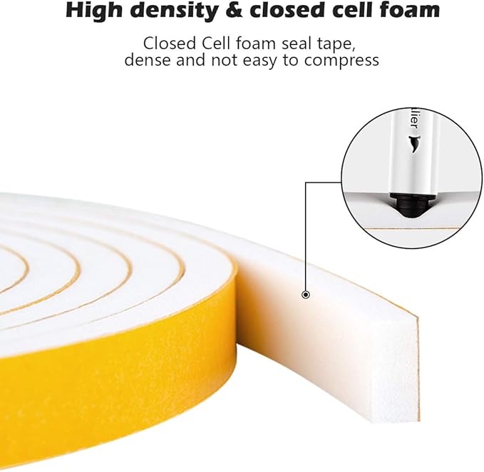 White Door Window Weather Stripping Self Adhesive Foam Tape 1 in 34 in 13 Ft, High Density Foam Sealing Strip Window Insulation Weatherproof Gasket Tape for Doors and Windows