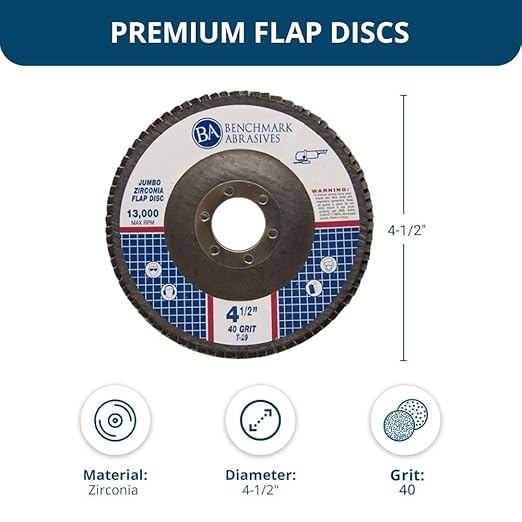 Benchmark Abrasives 4.5" x 7/8" Premium High Density Jumbo Zirconia Type 29 Flap Discs 4 1/2 for Angle Grinder, Sanding Discs, Finishing - Grinding Wheels 4 1/2 Inch (10 Pack) - 40 Grit