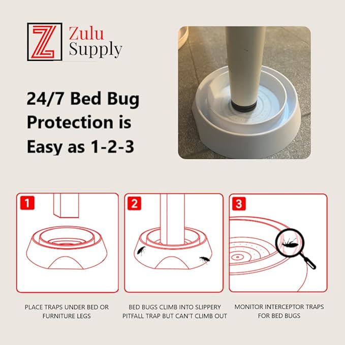 Zulu Supply Bed Bug Interceptors, Traps, 8 Pack, White, Bedbug Monitor, Insect Detector for Bed Legs or Furniture (White 8-Pack)