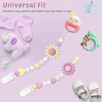 2 Pack Silicone Pacifier Clip for Boys and Girls, Features One-Piece Design Pacifier Strap with Clip, Adorable Sunflower Pacifier Holder for Baby Teethers and Toys