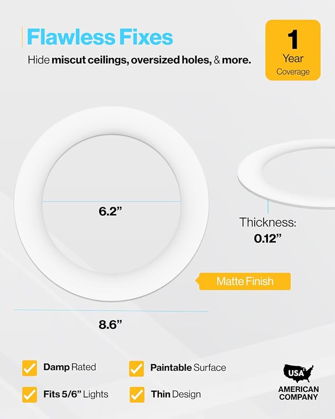 Sunco 12 Pack Goof Rings for 6 Inch Recessed Lights, Flush Mount White Can Light Trim Ring Cover, Outer Diameter 8.6 Inch, Inner Diameter 6.2 Inch, Paintable Surface, Matte Finish