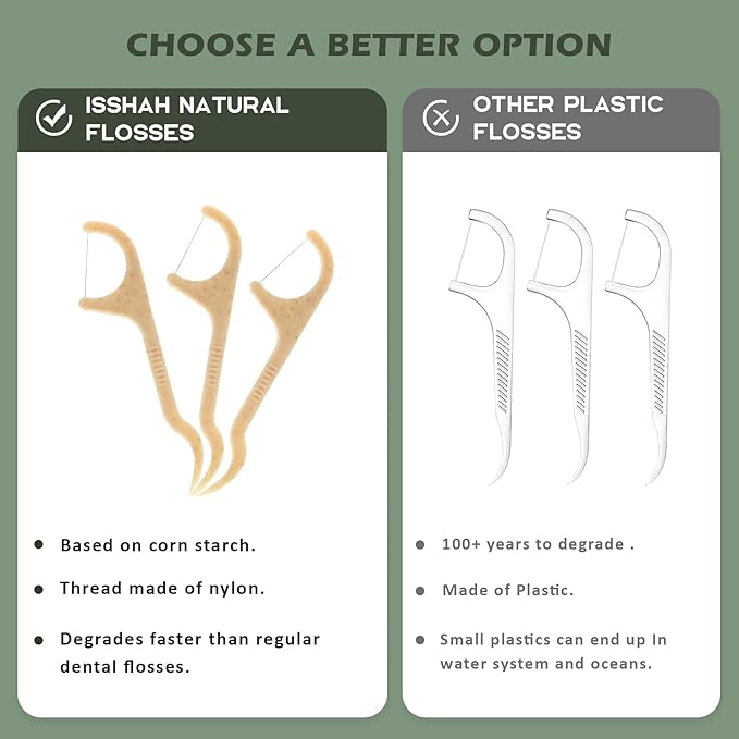 Natural Dental Floss Picks - 50 Count - PETA Approved, BPA Free, Vegan, Sustainable, Eco Friendly, Natural Dental Flossers by Isshah (Mint)