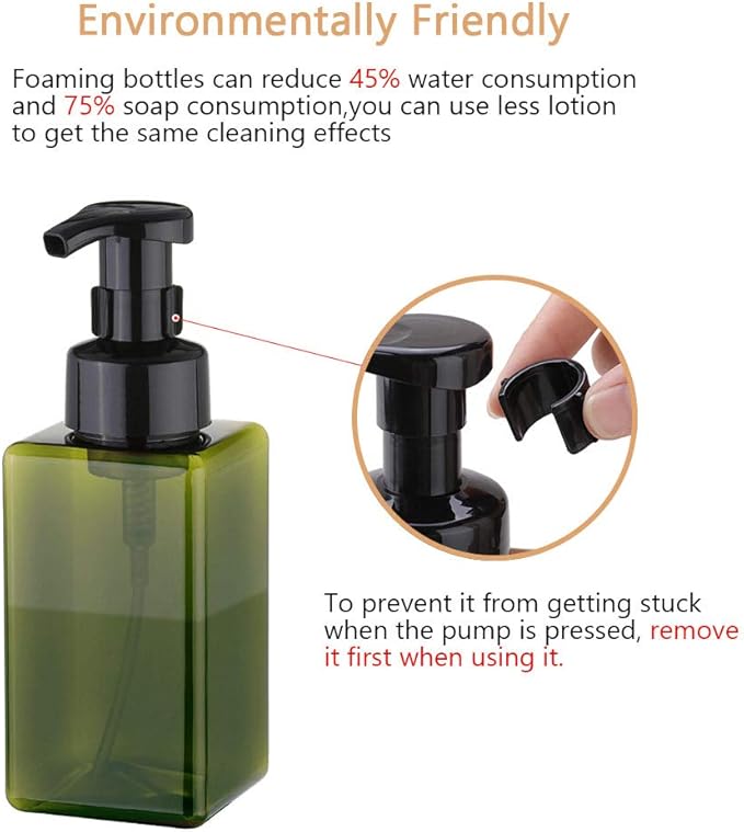 UUJOLY Foaming Soap Dispenser, 450ml (15oz) Refillable Pump Bottle Plastic for Liquid Soap, Shampoo, Body Wash (2 Pcs) (Green)
