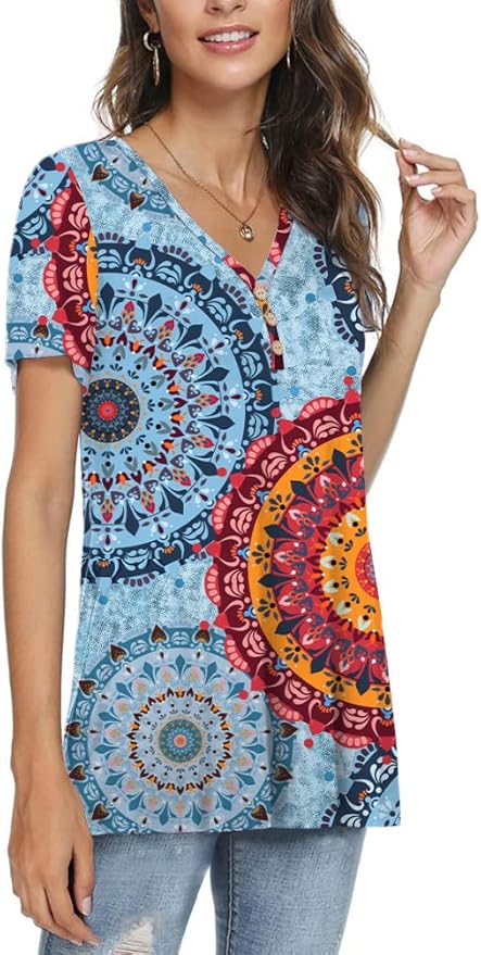 AWULIFFAN Womens Summer Short Sleeve Tunic Tops Loose Fit Casual T-Shirt Button Up Blouses