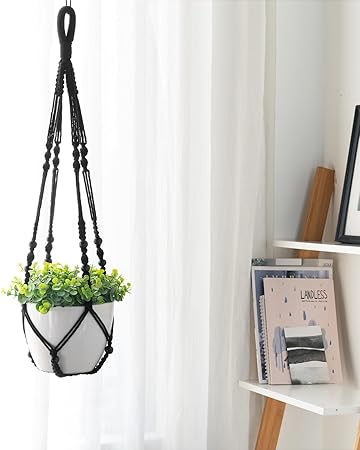Mkono 3 Pack Macrame Plant Hangers Indoor Different Size Hanging Planter Basket Flower Pot Holder with Beads No Tassels 35"29"23", Medium, Black