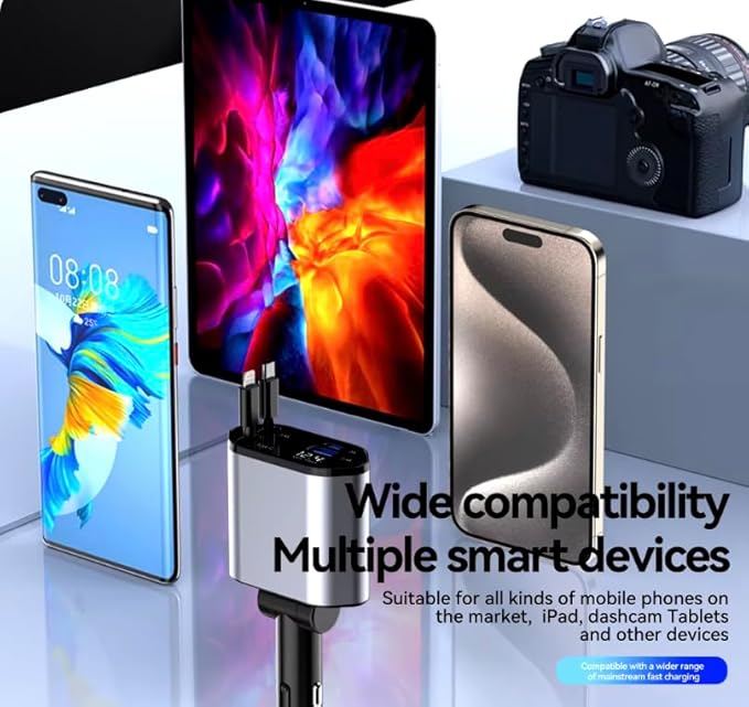 4-in-1 Retractable Car Charger USB Type C Cable - 120W Fast Charging Adapter with Dual USB Ports Retractable Cable, Compatible with iPhone, Samsung Galaxy and Pixel Phones.