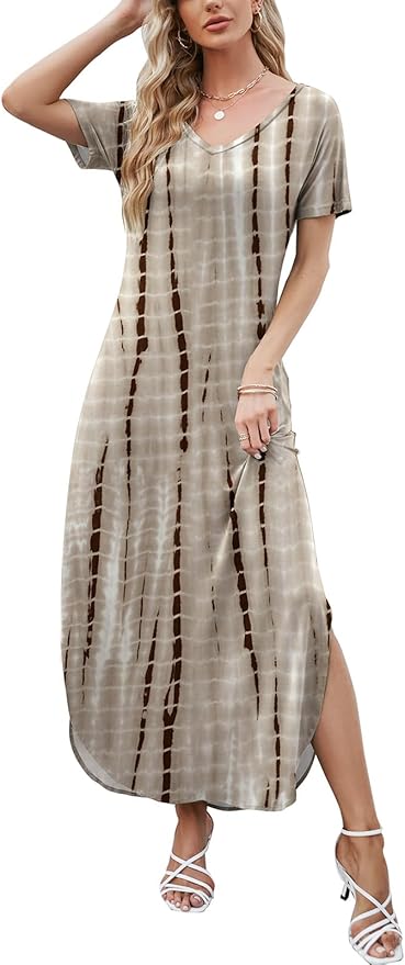 HUSKARY Women's Summer Maxi Dress Casual Loose Pockets Long Dress Short Sleeve Split Maxi Dresses