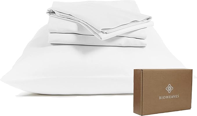 BIOWEAVES 100% organic cotton sheet set of 300 thread counts, 4 pieces, with GOTS certification, for mattresses up to 17 inches deep, soft and silky satin fabric (King size,