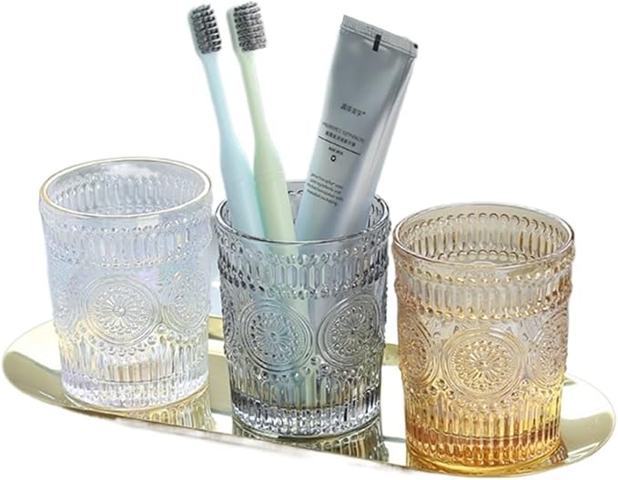 YLWX European Style Gold Relief Clear Glass Toothbrush Holder Retro Wash Cup Light Luxury Couple Mouthwash Cup Hotel Toothbrush Cup Water Cup (Color : Soot 270ml)