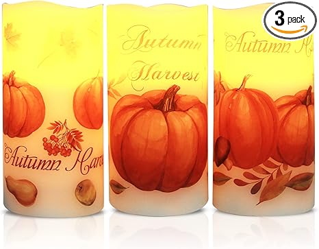Lordearon Fall Pumpkin Flameless Candles Real Wax LED Battery Operated Pillar Candles with Timer, Thanksgiving Decor Set of 3,Warm Light