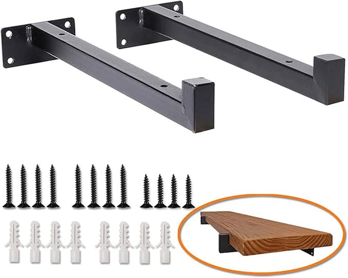 YFZN Black Floating Shelf Supports, Wall Shelf Bracket, Wrought Iron, with Hook, with Mounting Accessories, Saving Space, Strong Bearing Capacity, Ffor Bedroom, Kitchen, Living Room, 2 Pcs