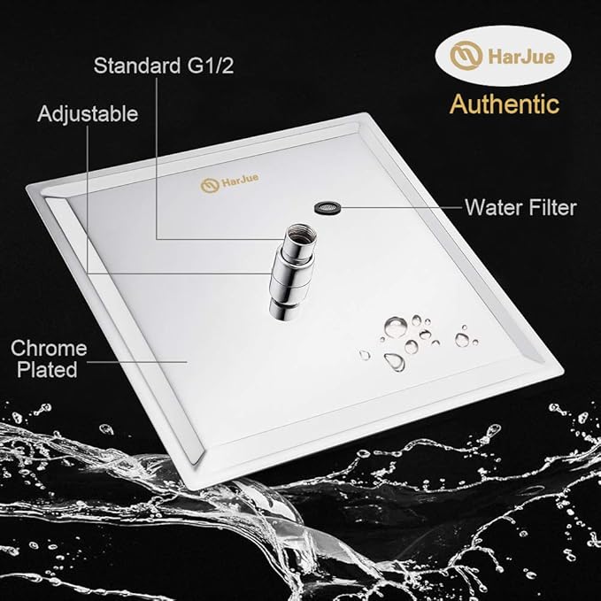 HarJue Shower Head, High Pressure Square, Stainless Steel Rainfall -Waterfall Full Body Coverage (12'' Shower, Chrome)
