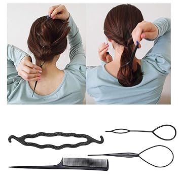 FOMIYES Donut Hair Bun 4pcs Hair Holder Clip, Women Roll Bun Hair Braid Ponytail Maker Fashion Hair Design Styling Tools Hairdress Kit Set Curly Hair Styling Tools