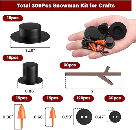 Outivity 300 Pcs Snowman Crafts DIY Kits for Winter Kids Holiday Party Decor Gift,Includes 30 Mini Black Top Hats,180 Snowman Craft Buttons,30 Carrot Noses Buttons and 60 Snowman Hands