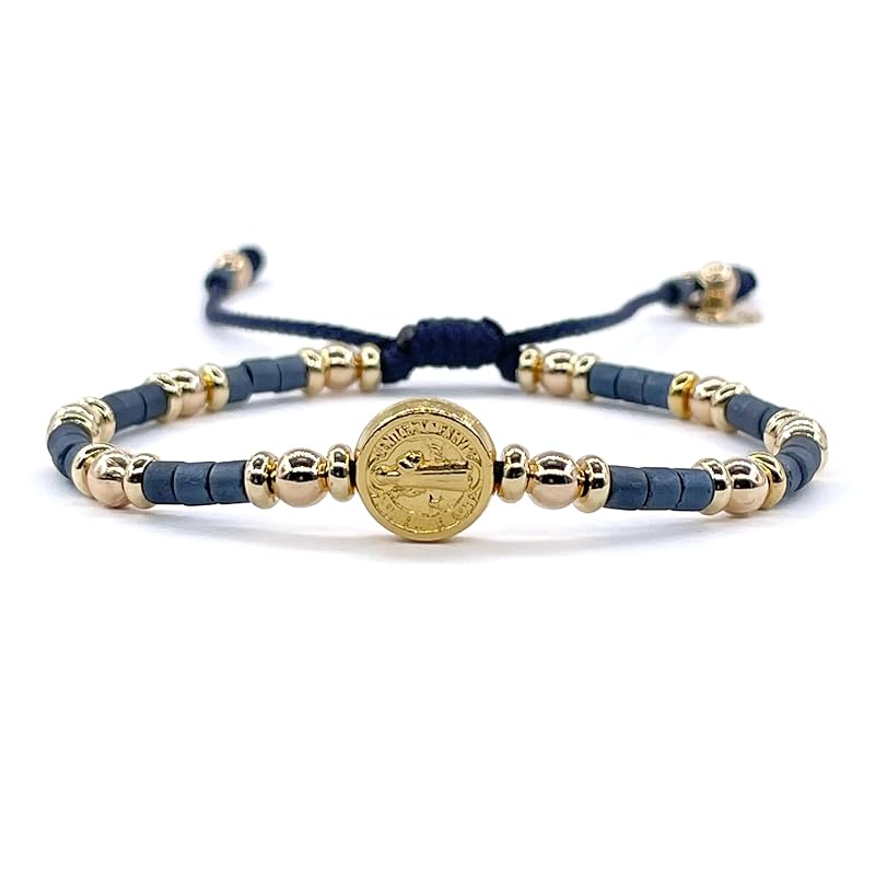 St Benedict Coin Bead Round with Miyuki seed beads and Gold Plated spacers Adjustable Bracelet for Women (Blue)