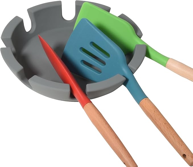Large Silicone Multi-Spoon Rest, Baking Tool Holder, Utensil Holder for Spatulas, Tongs, Ladles Placing for Stove Top, Kitchen Counter- Multifunction Kitchen Gadgets (Grey)