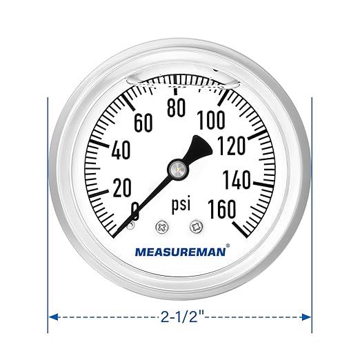 MEASUREMAN 2-12" Dial Size, Glycerin Filled Plumbing Pressure Gauge, 0-160psi, Stainless Steel Case, 14" NPT Back Mount