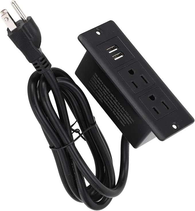 Recessed Power Strip Desktop 2 AC Outlets 2 USB Ports Embedded Design for Furniture Space Saving 1.5m Cord US Plug 125V for Furniture Installation (Black)